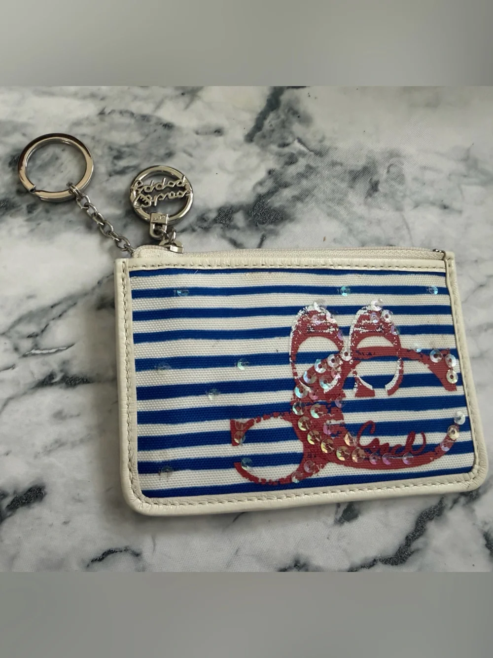 Coach POPPY RARE Blue & White Striped Card Holder WITH SEQUINS
